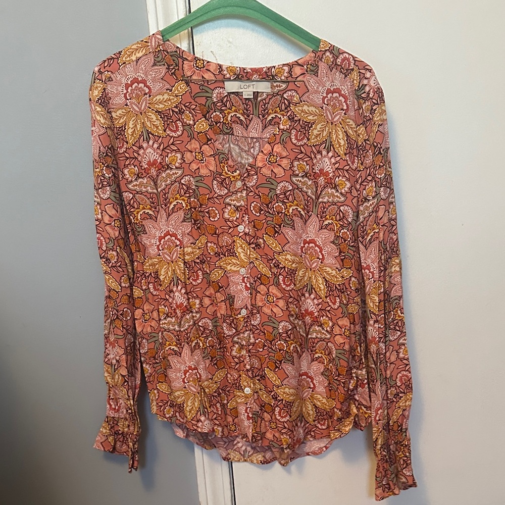 LOFT Floral Blouse in Coral and Yellow